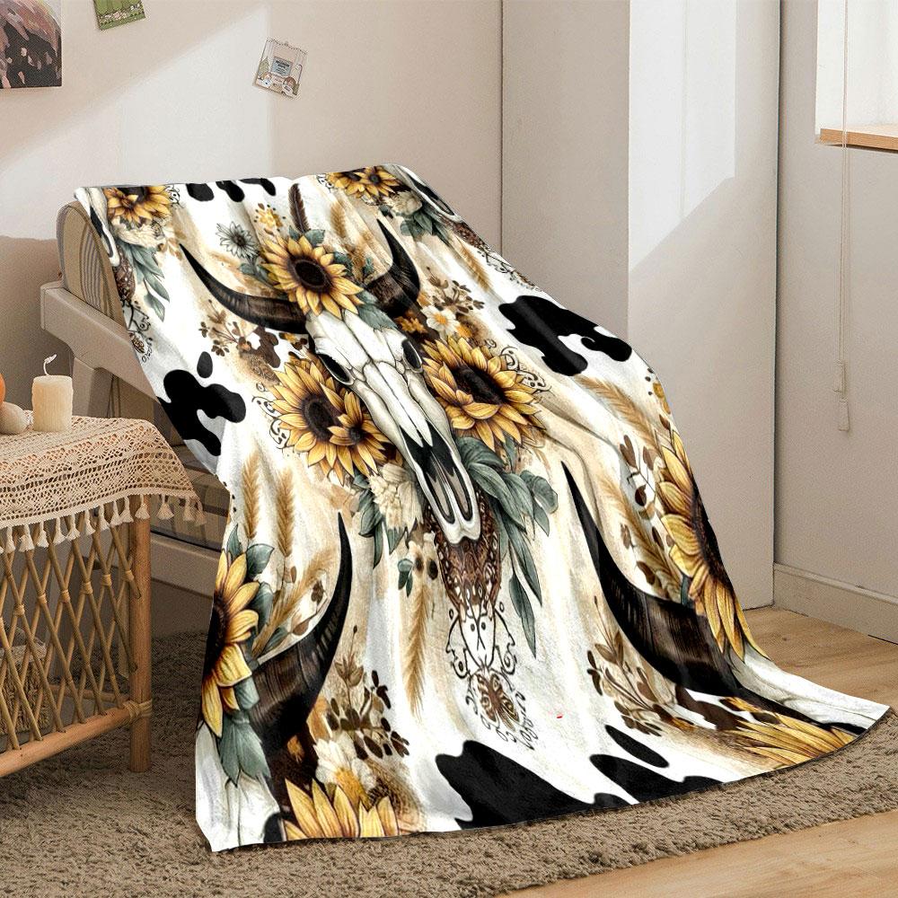 Boho Cow Skull Sunflower Blanket Bedroom Blanket for Livingroom Couch Lunch Break Soft Throw for Friend's Festival Gift