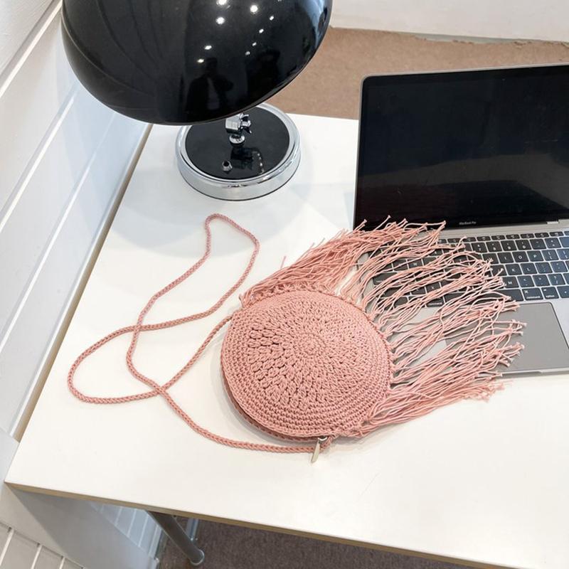 Yogodlns Fashion Round Hand-woven Woman Shoulder Bag Summer Travel Shopping Straw Beach Bags Tassels Female Small Messenger Bag