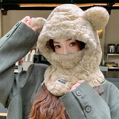 Cachecol máscara de lã espessa integrado para ciclismo cachecol quente feminino peça única chapéu com orelhas de urso de pelúcia homens
