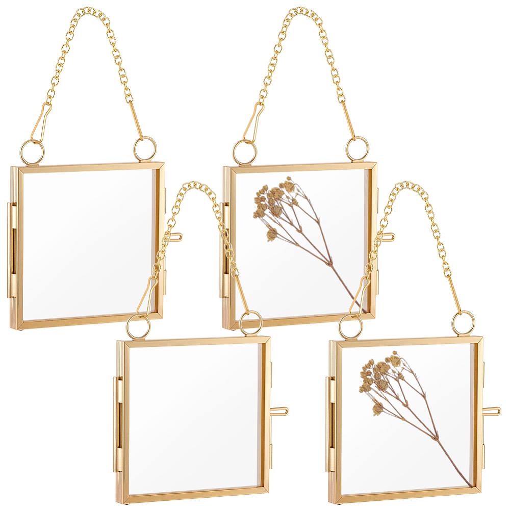 4Pcs Wall Hanging Brass Double Folding Picture Frames, with Glass Window, for Home Decoration, Golden, Square, 118mm