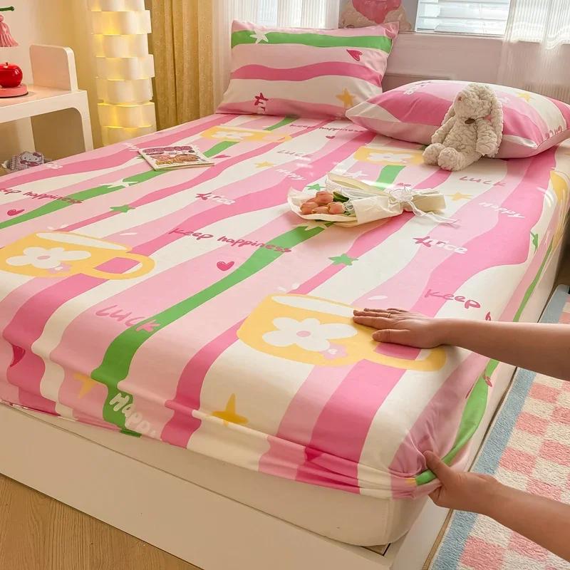 1 Pc 100%Cotton Bed Sheet Cartoon Fish Printed Fitted Sheet with Elastic Band Single/Queen/King Pure Cotton Bed Botton Sheets