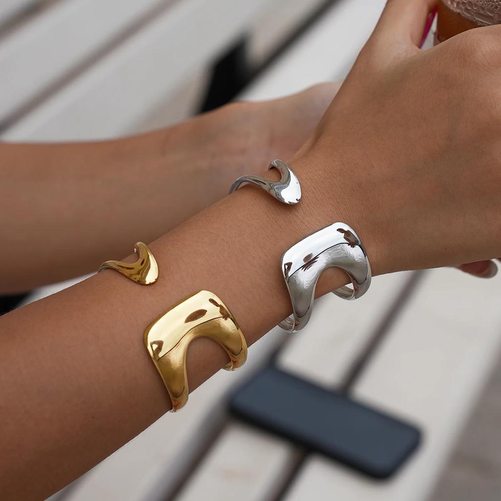 Minimalist 18K Gold Stainless Steel Modern Silver Stainless Steel Simple Double Layer Hollow Cuff Bangle Bracelet for Women