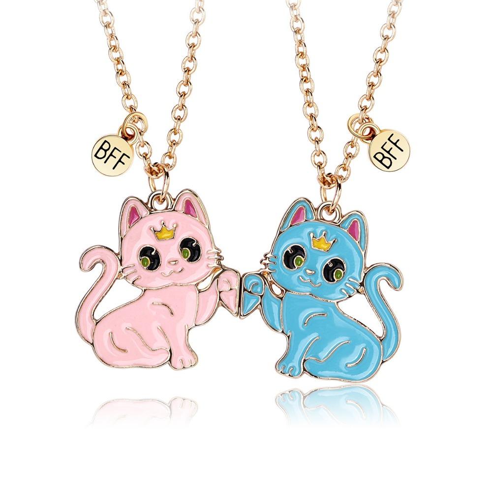 2pcs Set Cute Cartoon Colorful Crown Kitten Magnetic Attraction Pendant Necklace for Girl Child Women Friends Jewelry Sets Gifts
