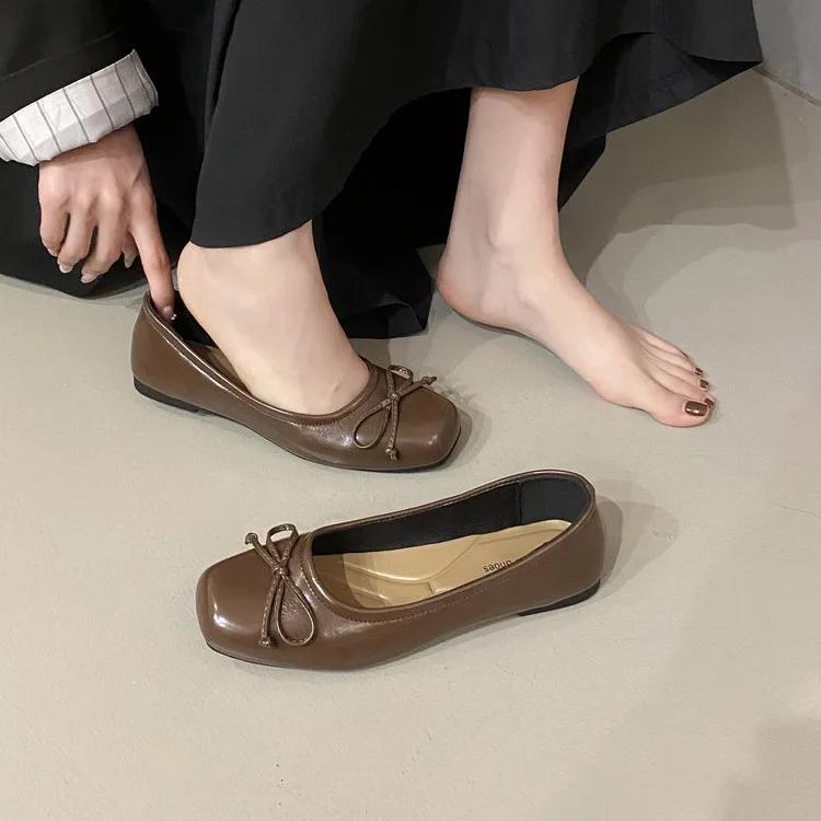 Fashion Women Bow Square Toe Soft Sole Single Shoes Comfort Slip On Soft Sole Flats Shoes Ladies Silver Round Toe Ballet Dress Loafers