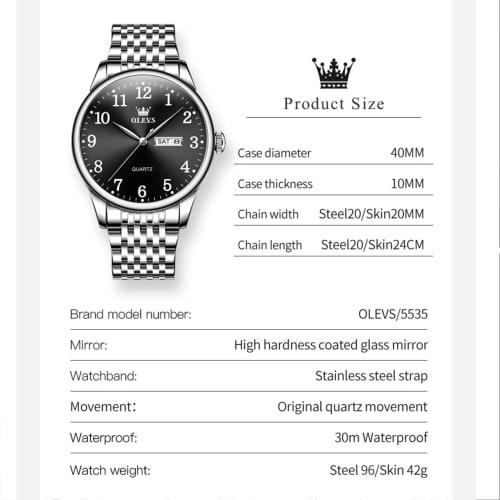 Olevs Tokei Watch Men's Black Simple Waterproof Watch Men's Stainless Steel Watch for Men Analog Silver Band Popular Wrist Watch Stylish Men's Busines