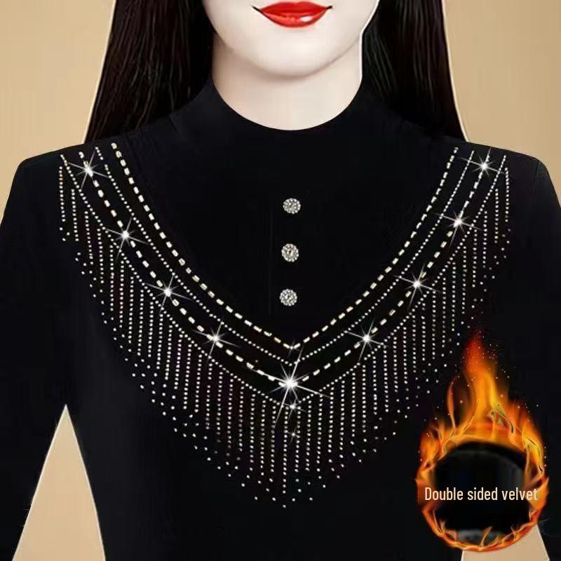 Autumn/Winter Half-High Collar Fleece Long-Sleeve T-shirt for Middle-Aged and Elderly Women: Stylish, Warm Base Layer