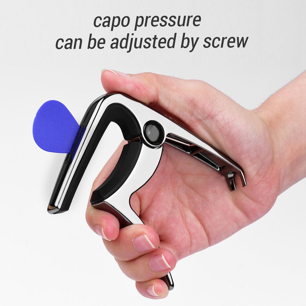 TC 02 Multifunktionales Gitarren-Capo Zinklegierung mit Stegpin-Zieher Gitarrenplektrum-Schlitz 3 Stück Gitarrenplektren für Akustik