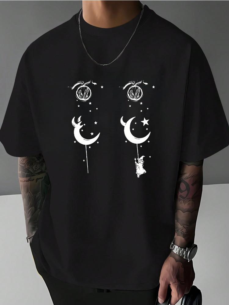 Mystic Moon Witch Crystal Star Graphic Unisexs Loose Crew Neck Short Sleeve Cotton Tee Gothic Vintage Summer Casual Streetwear Top