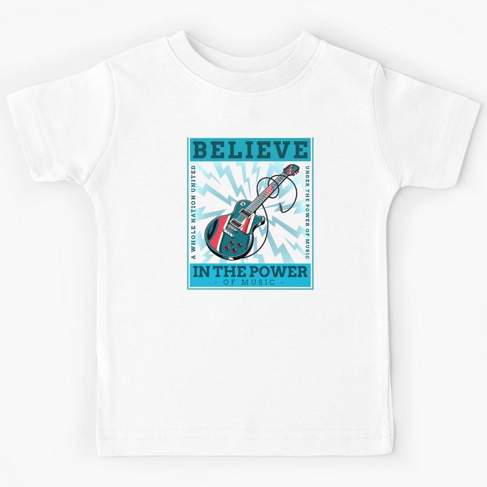 Believe in the Power of Music. Powered by retro guitar. Kids T-Shirt 150