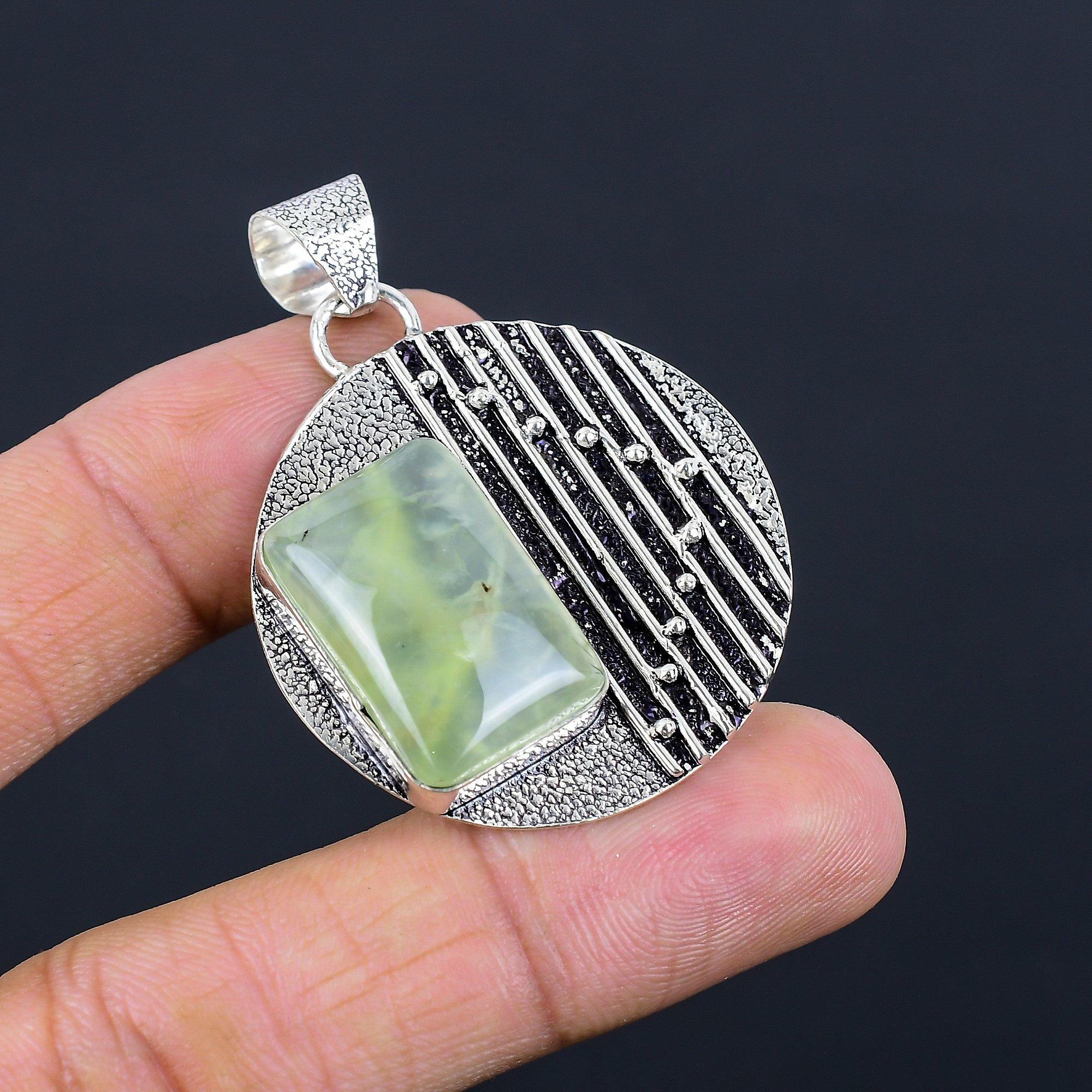 Sterling Silver Radiant Moss Moss Prehnite Stone Daughter Bezel Pendant Jewelry