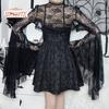 Vintage Gothic Black Lace T-shirt Elegant Flared Sleeve Smock Top See Through Sexy Cropped Tops Cardigan Streetwear