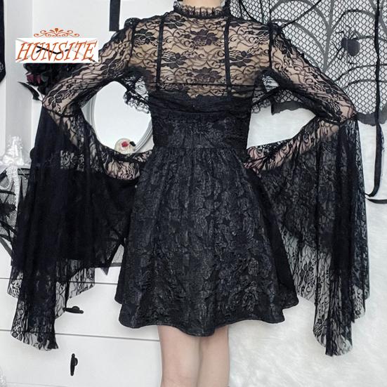 Vintage Gothic Black Lace T-shirt Elegant Flared Sleeve Smock Top See Through Sexy Cropped Tops Cardigan Streetwear
