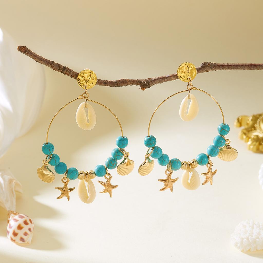 Bohemian Shell Starfish Turquoise Bead Large Hoop Earrings for Women Metal Conch Seashell Circle Dangle Earring Vacation Zircon