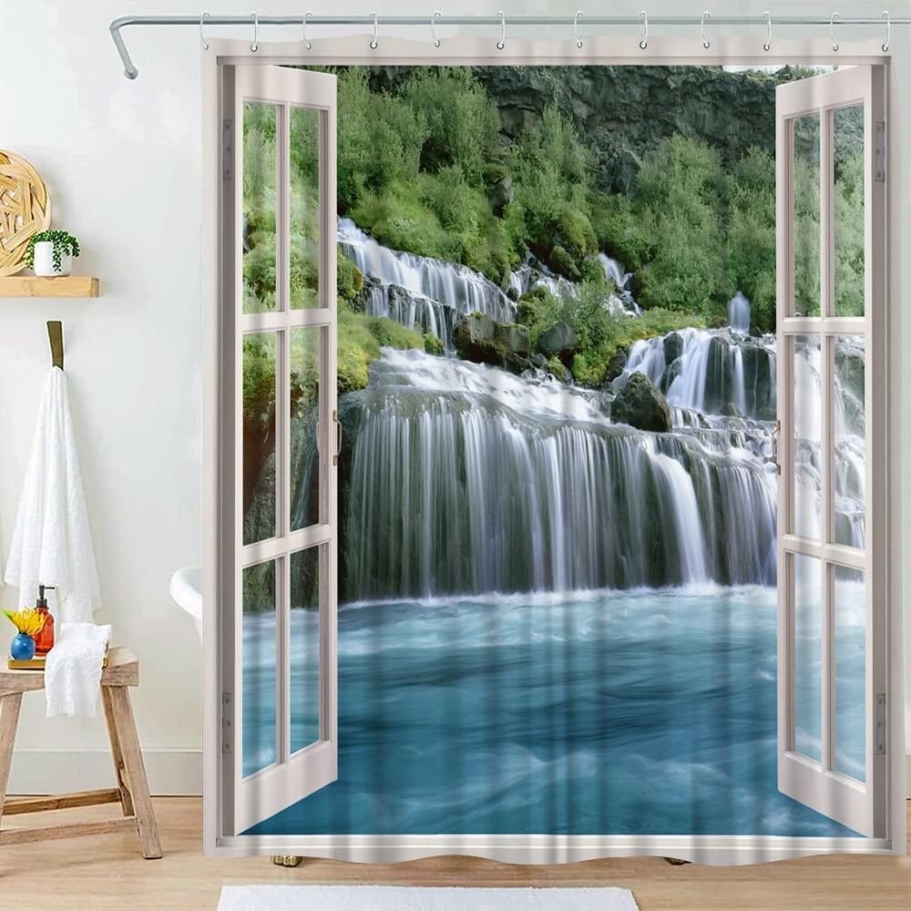 Waterfall Shower Curtain Natural Landscape Outside Window Scenery Forest Flowing Stream Bathroom Decor Polyester Bath Curtains