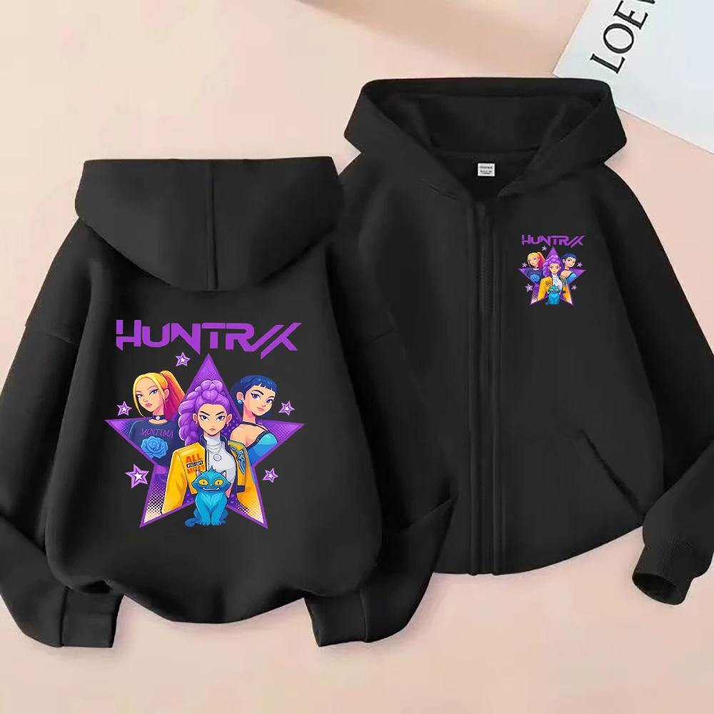 HUNTRIX Girls Cartoon Graphic Zip Up Hoodie Women's Casual Long Sleeve Sweatshirt with Star Print