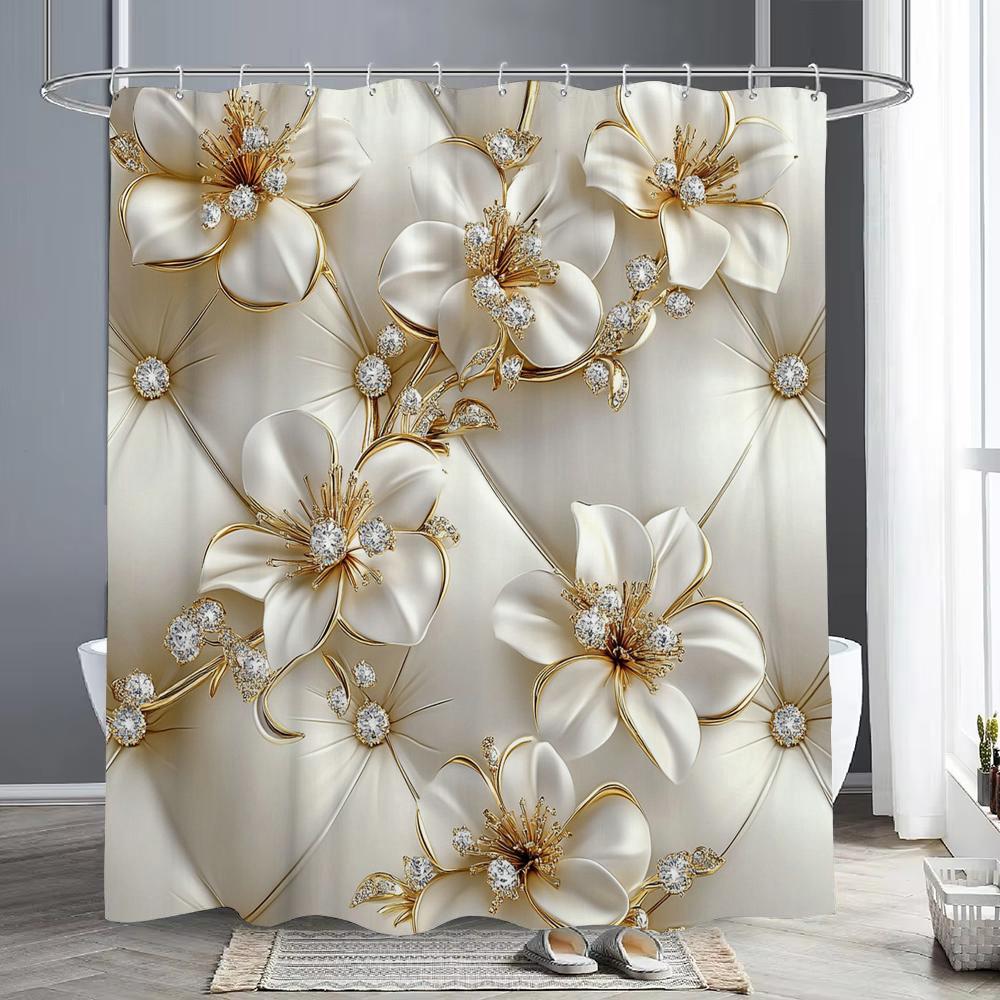 Embossed Camellia Flowers Creative Shower Curtain, Bathroom Decorative Shower Curtain, Waterproof Shower Curtain with Hooks