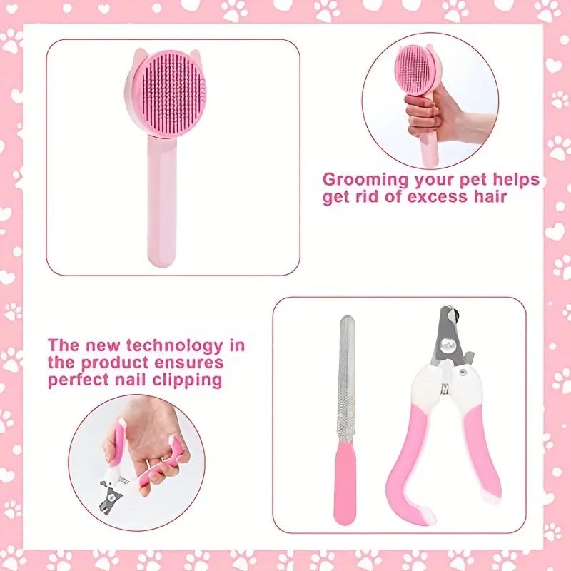 8Pcs Combo Set Cat Brush Beauty Kit with Pet Nail Clippers and Files Pet Self-Cleaning Kit Flea Comb Pet Shampoo Bath Brush Pet