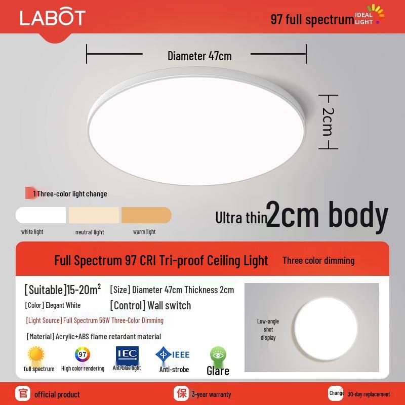 LED Ceiling Light: Three-Proof, Modern Minimalist Design for Bedroom, Balcony, Bathroom - Eye-Protective, Round Main Light