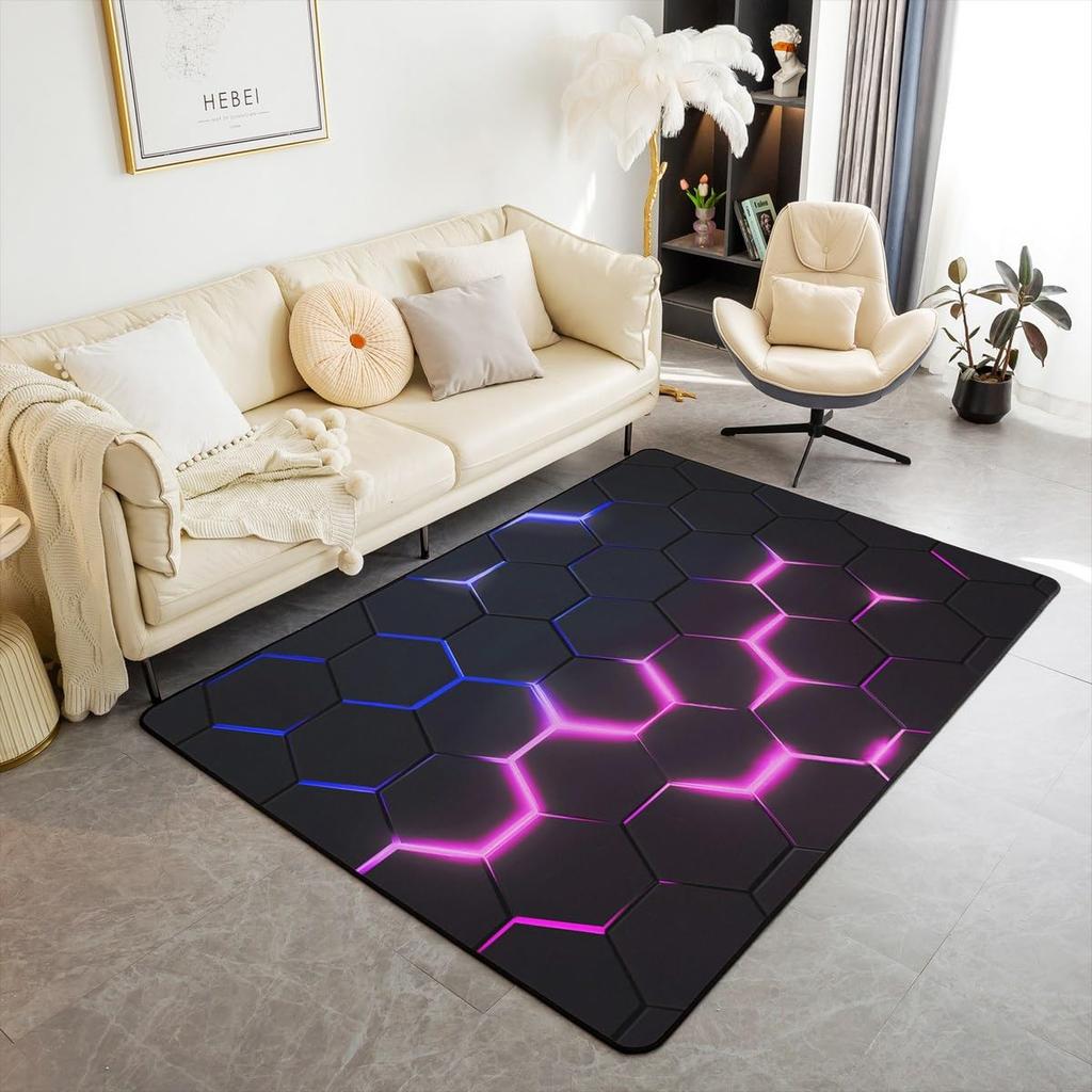 Tech Glow Hexagon Themed Rug,Anti-Slip Mat with Blue Green Neon Honeycomb for Living Room Game Room,Futuristic Decorative Carpet