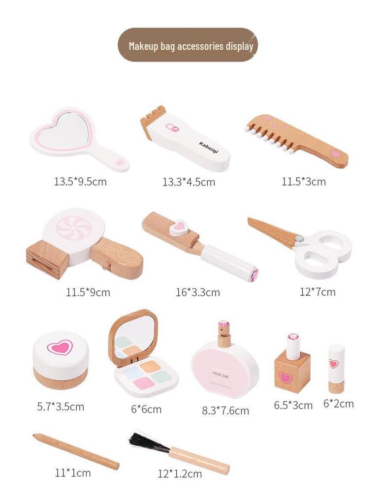Korean Style Wooden Makeup Play Set: Pretend Eyeshadow, Powder, Lipstick, Perfume, Hair Accessories.