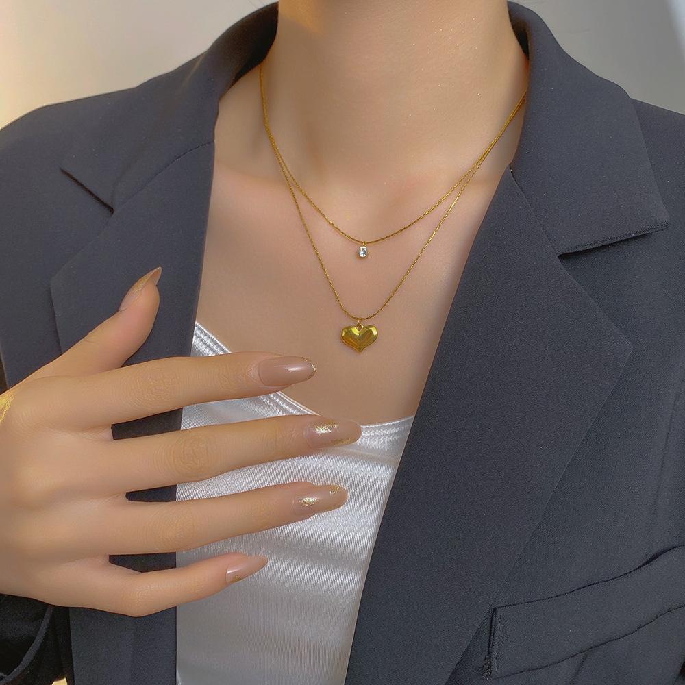 316L Stainless Steel New Fashion Upscale  2 Layer Zircon Love Heart Charms Chain Choker Necklaces & Pendants For Women
