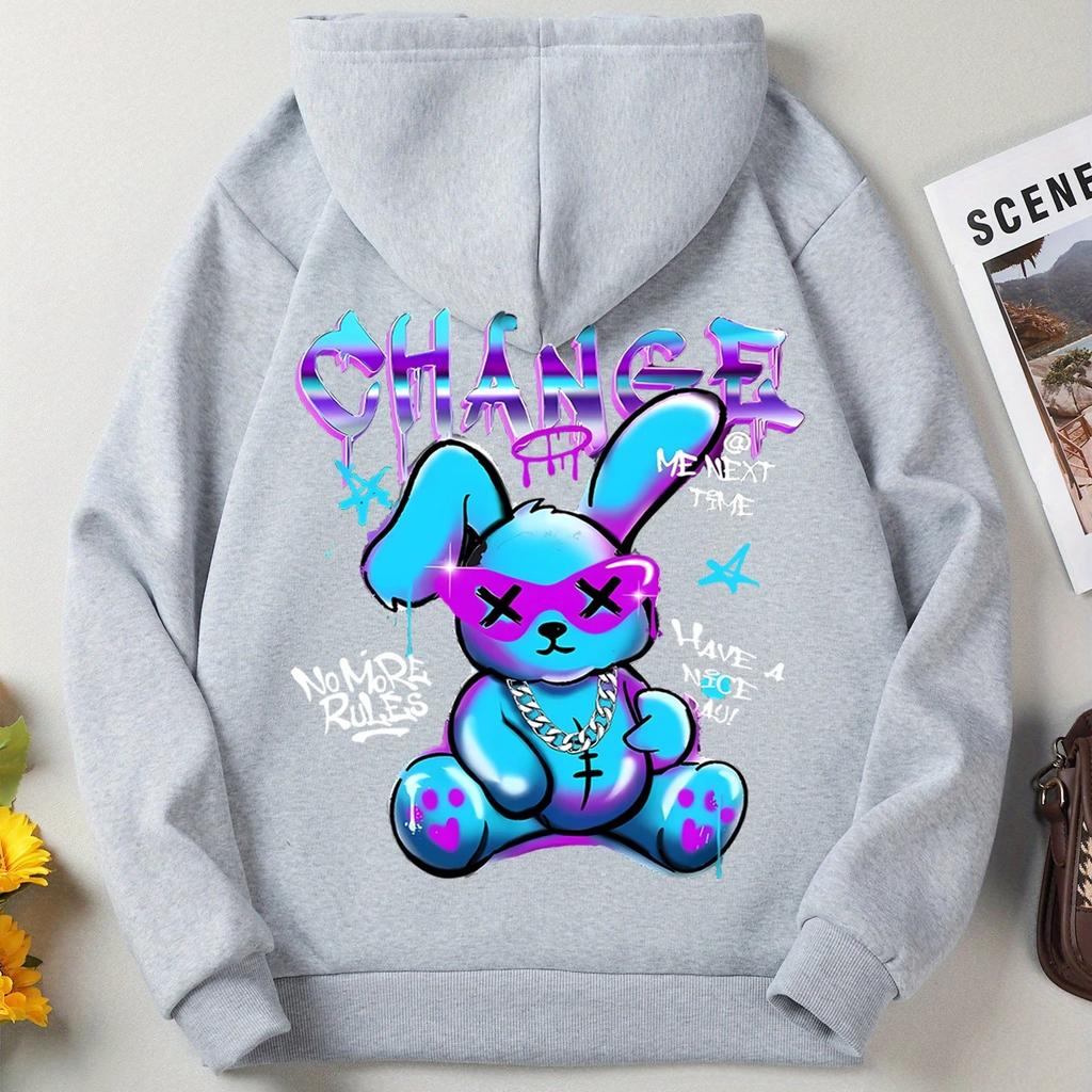 Módní mikina s potiskem kreslených králíčků Dámská móda Univerzální pouliční mikina s kapucí Kulatý výstřih Ležérní mikiny Pulovr Nadměrné oblečení