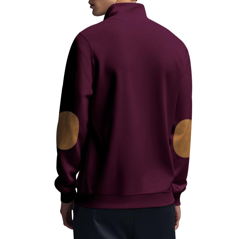 Bluză sport bărbătească cu fermoar scurt, guler de culoare contrastantă, patch-uri la coate, pulover, casual, largă, ușoară, din fleece, pentru purtare zilnică