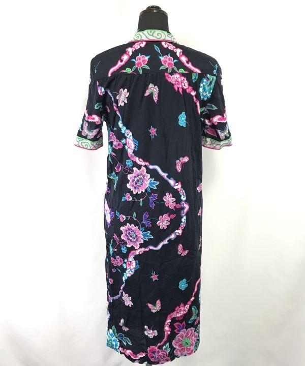 Made in Italy BOTTO Premium Fabric Floral Short Sleeve Long Dress I42 USA8 Japan L Navy Maxi 100% Cotton Tops Shirts(USED)