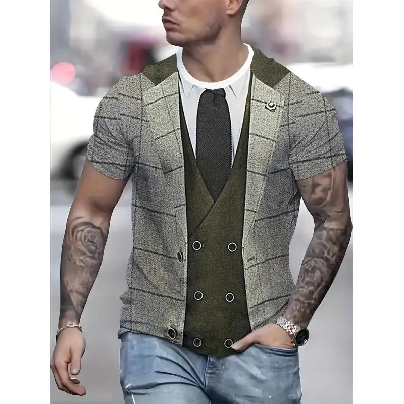 Men's Casual Suit Tie Print T-Shirt Tops Short Sleeve Crew Neck Men's Round Neck T-shirts New In Mens Cosplay Party Tee Shirts