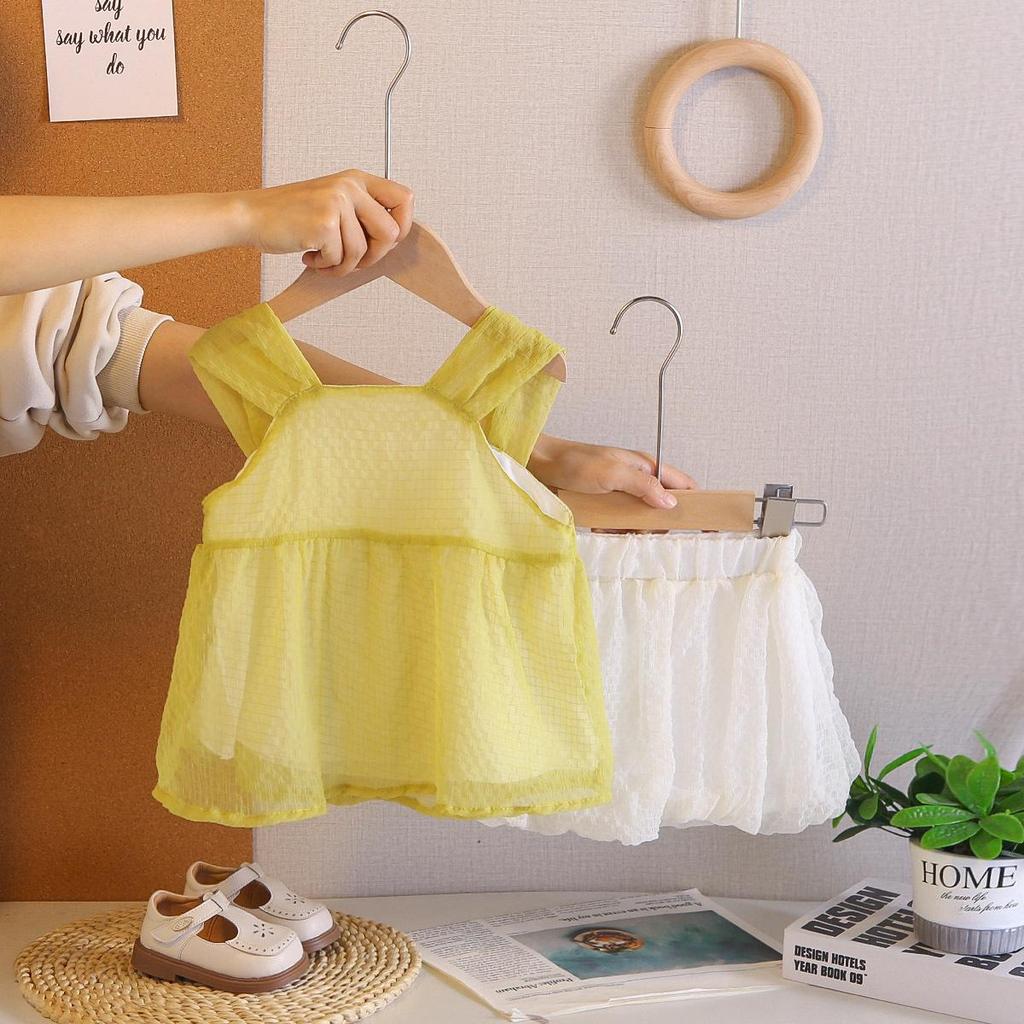 Girls' Summer Big Bow Tulle Skirt Two-Piece Set - Casual Summer Outfit for Baby Girls