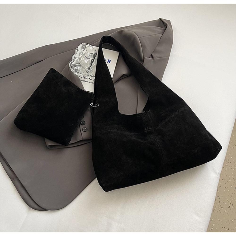 

Large Capacity Hobo Bag Handbag Ladies Tote Bag Trendy Suede Shoulder Bag Holiday чёрный