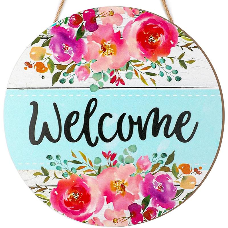 Flower Wooden Hanging Sign, Welcome Watercolor Floral Door Sign, 11.8"X11.8" Circle Farmhouse Rustic Front Door Hanger Sign