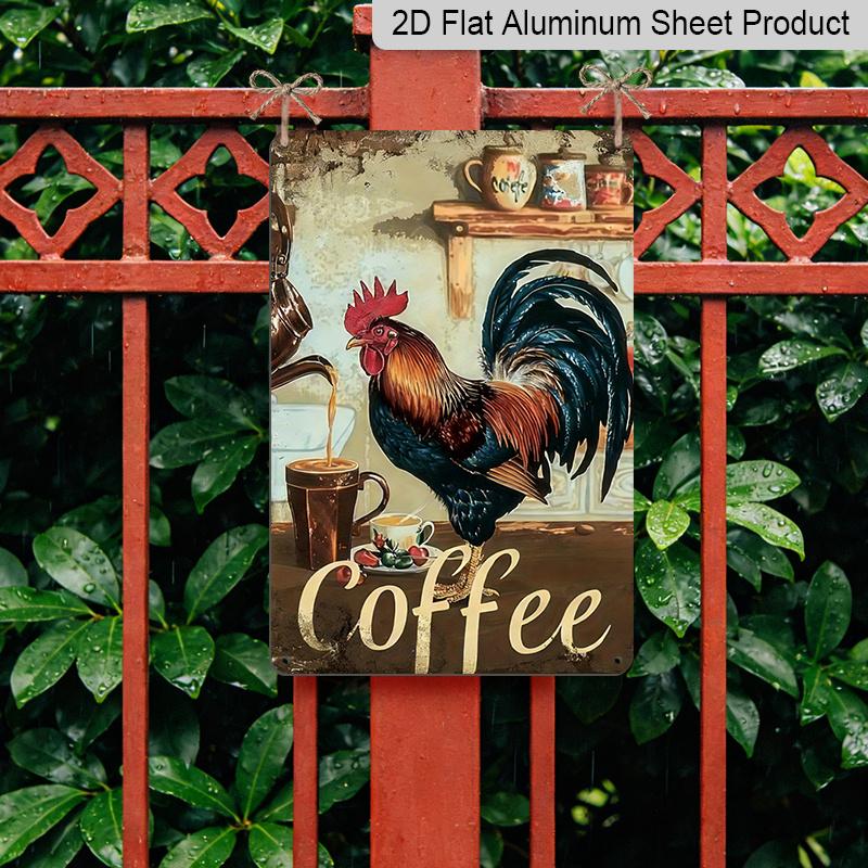 2D Flat, Vintage Rooster & Coffee Sign - 8x12 Inch, Weather-Resistant Aluminum Wall Decor with "Coffee" Text, Rustic Farmhouse Style for Kitchens