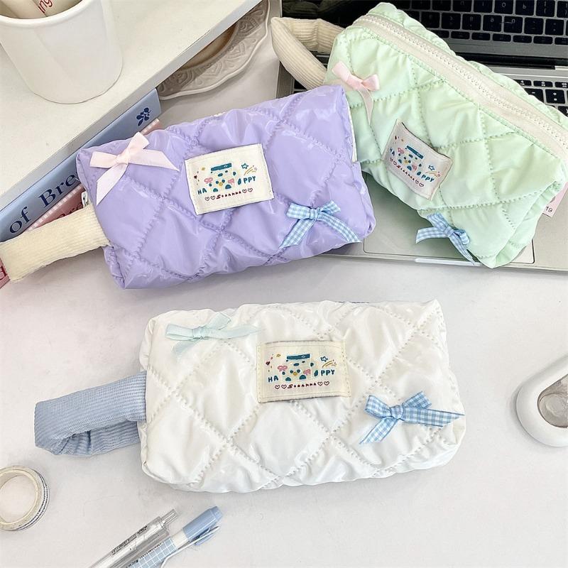 Ins Korean Style Large Capacity Cosmetic Bags Glossy Bow Cute Makeup Bag for Girls Students Tote Waterproof Pencil Case