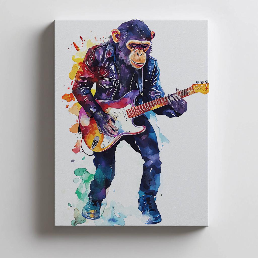 Plakat Małpa Z Gitarą Plakat Małpa Z Gitarą, 50X70 Cm, Rama Drewniana Jasny Dąb, Papier Matowy 230 Gsm