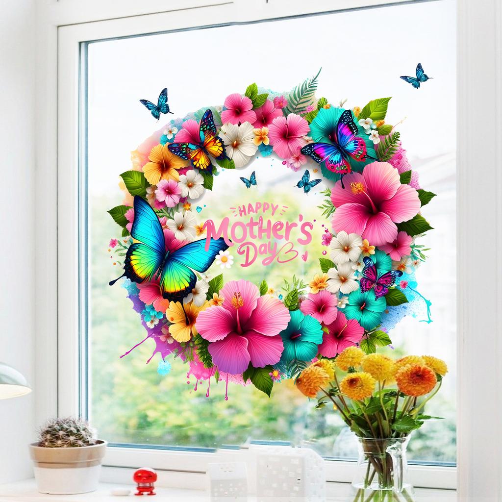 Mother's Day Floral Wreath Static Cling Window Sticker Removable Self-Adhesive for Living Room Bedroom Hallway Balcony Store PVC Glass Decor Art