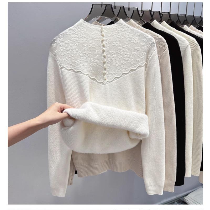 Autumn Winter Half High Collar Lace Patchwork Velvet Warm Sweater Women Elegant All-match Bottomed Knitting Top