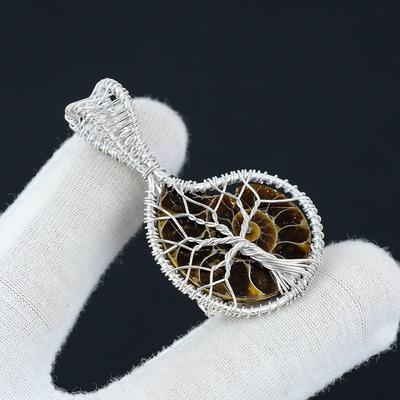 Pendente Ammonite Pietra Preziosa, Pendente Fatto a Mano in Argento Sterling 925, Gioiello Ammonite Avvolto con Filo, Pendente Gioiello Albero della Vita Ammonite Regali