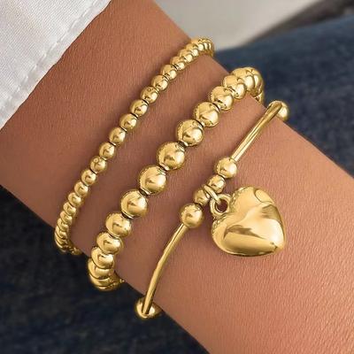 3 Pezzi di Braccialetto da Donna con Perline Rotonde a Forma di Cuore, Creativo, Multi-strato, con Ciondolo, Regalo per Feste