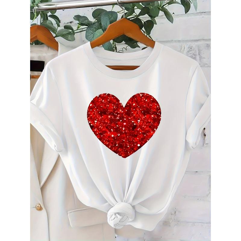 European Size Elegant Vintage Red Sequin Heart Print Cute T-Shirt | Crew Neck, Comfortable Fit, Ideal for Valentine'S Day, Casual All-Season Wear