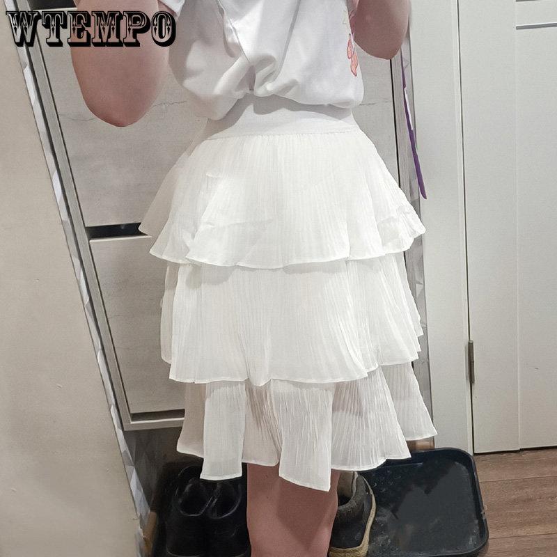 WTEMPO Sommer Frauen Elastische Taille Mini Röcke Damen Chiffon Casual Solide Kuchen Röcke Weibliche Schwarz Weiß Kurzen Plissierten Rock