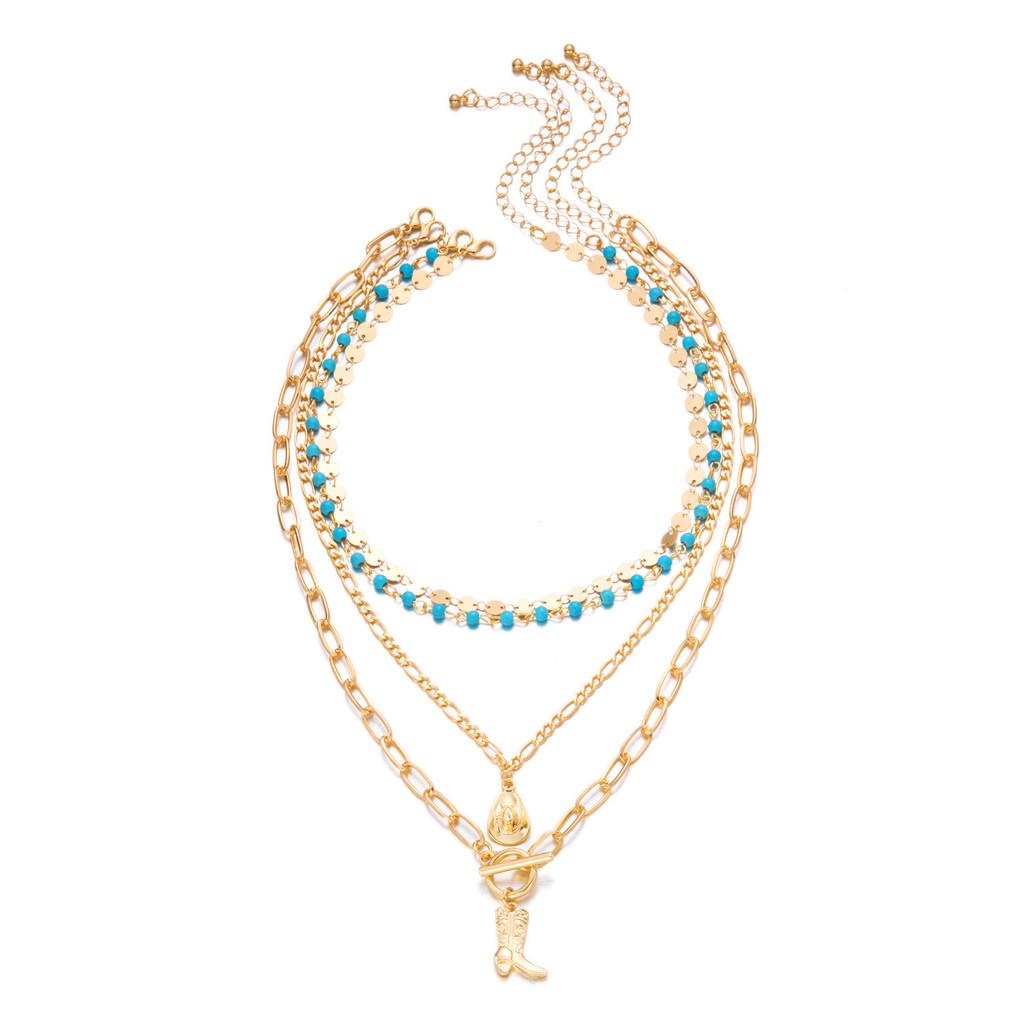 Bohemian Turquoise Geometric Pendant Necklace With Gold Chain For Women Summer 2025