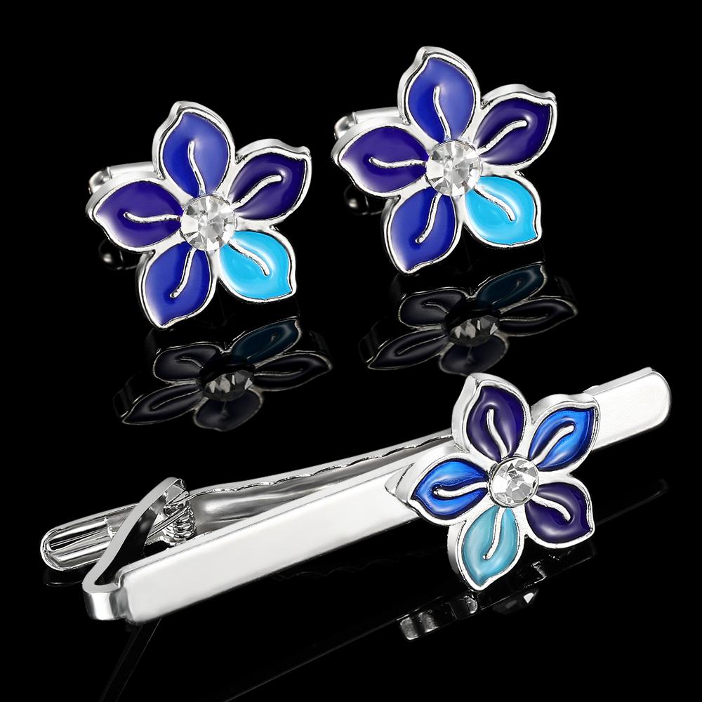 Elegant Mens Blue Flower Sakura Cherry Blossom Design Cufflinks&Tie Clip Set Groom Party Jewelry