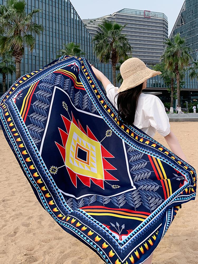 New Summer Elegant Women Silk Scarf Beach Wrap Shawl Vintage Red Plaid Print Sunscreen Bandana Hijab Mujer Bohemian Scarve Pareo