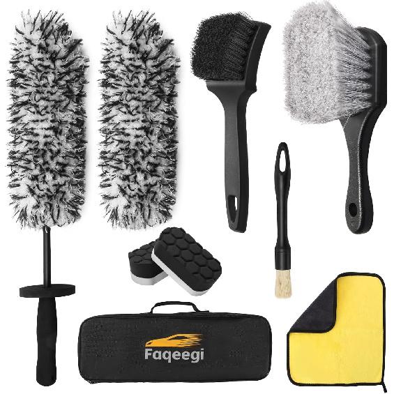 9PCS Scratch-Free Car Wheel Cleaning Kit - Soft Rims Brush, Microfiber Flat Wheel Brush, Boar Hair Detail Brush & Cleaning Pads, Microfiber Towel &