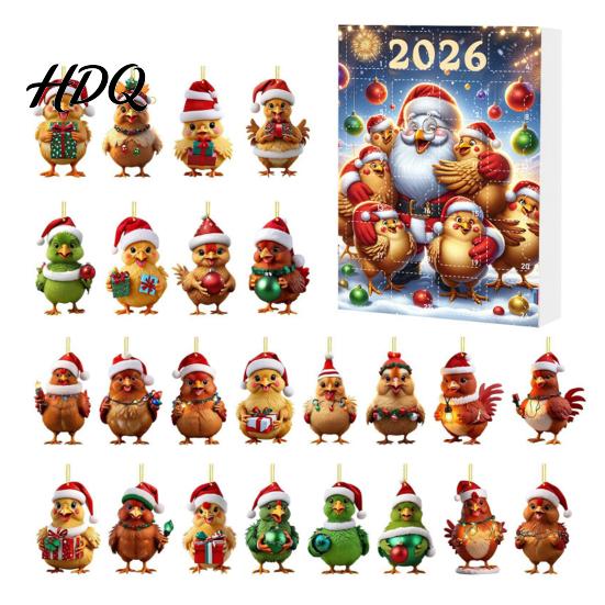 Acrylic Hanging Decorations Chicken Advent Calendar 2026 24 Days Christmas Countdown with 2D Flat Ornament Set Ornament Cartoon Pendant for