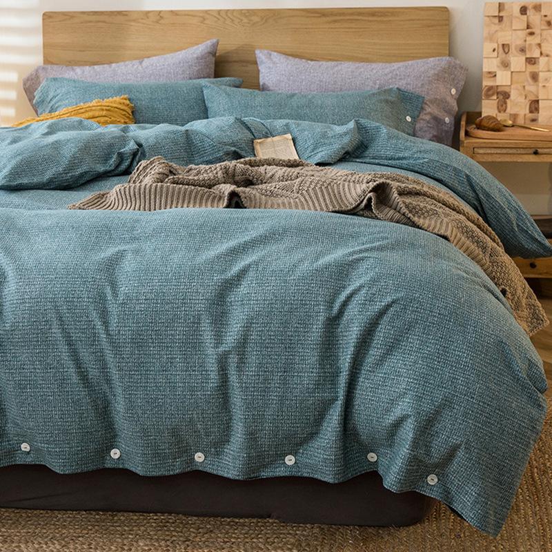 Simple Bed Pure Cotton Polished Four-Piece Cotton Quilt Cover Thickened Warm Bed Sheet 1.8M Double Bed