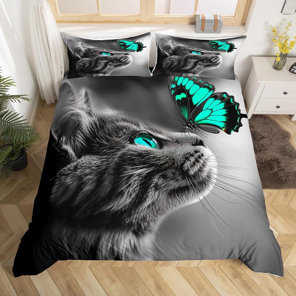 Cat And Butterfly Duvet Cover Sets Lightweight Quilt Cover With 2 Pillowcases Colorful Butterfly Animal Pet Theme Bedding Sets