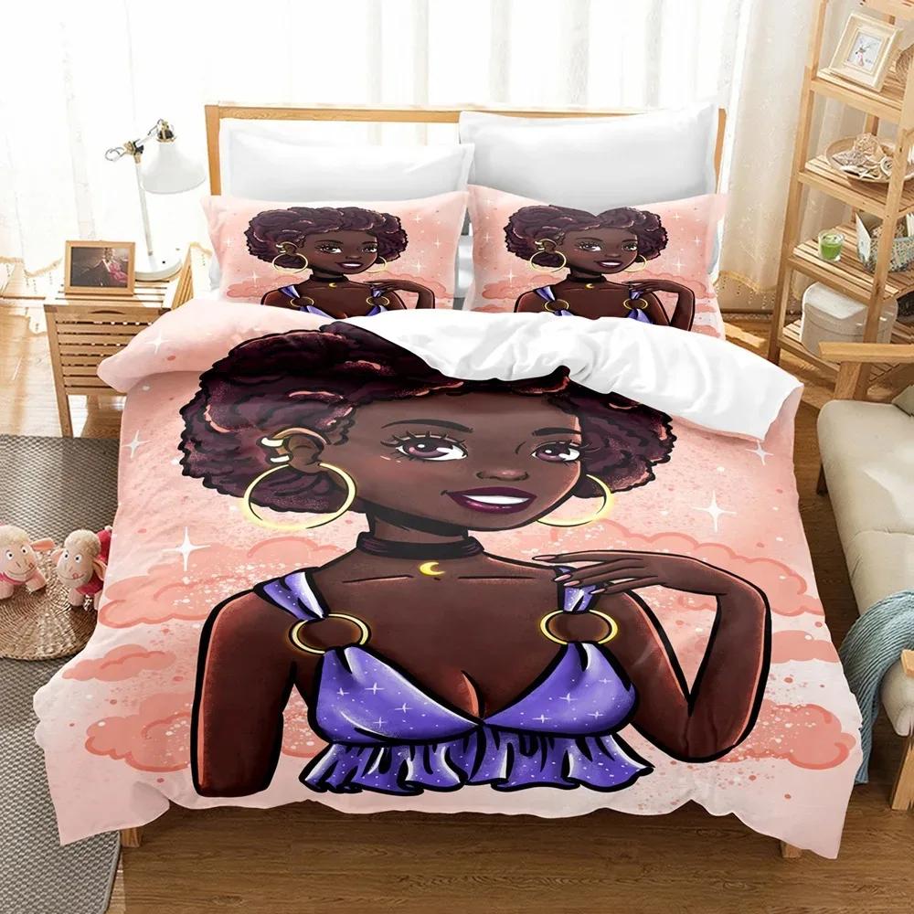 African Duvet Cover Set King Queen Size Modern Stylish Black Woman with Garland Decorative Polyester Bedding Set for Girls Women