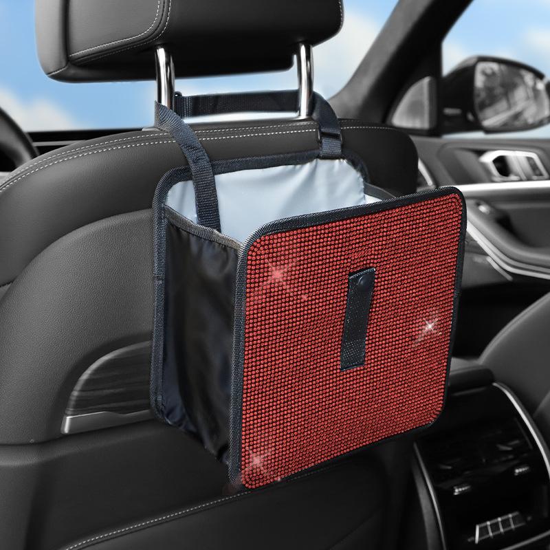 Bling Collapsible Car Trash Can Large Capacity Seat Back Hanging Garbage Storage Bag Organizer For Women Interior Accessories